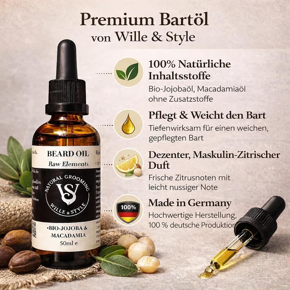 Bartöl Infografik- 100% Natürliche Inhaltsstoffe; Dezenter, Maskulin-Zitrischer Duft. Made in Germany