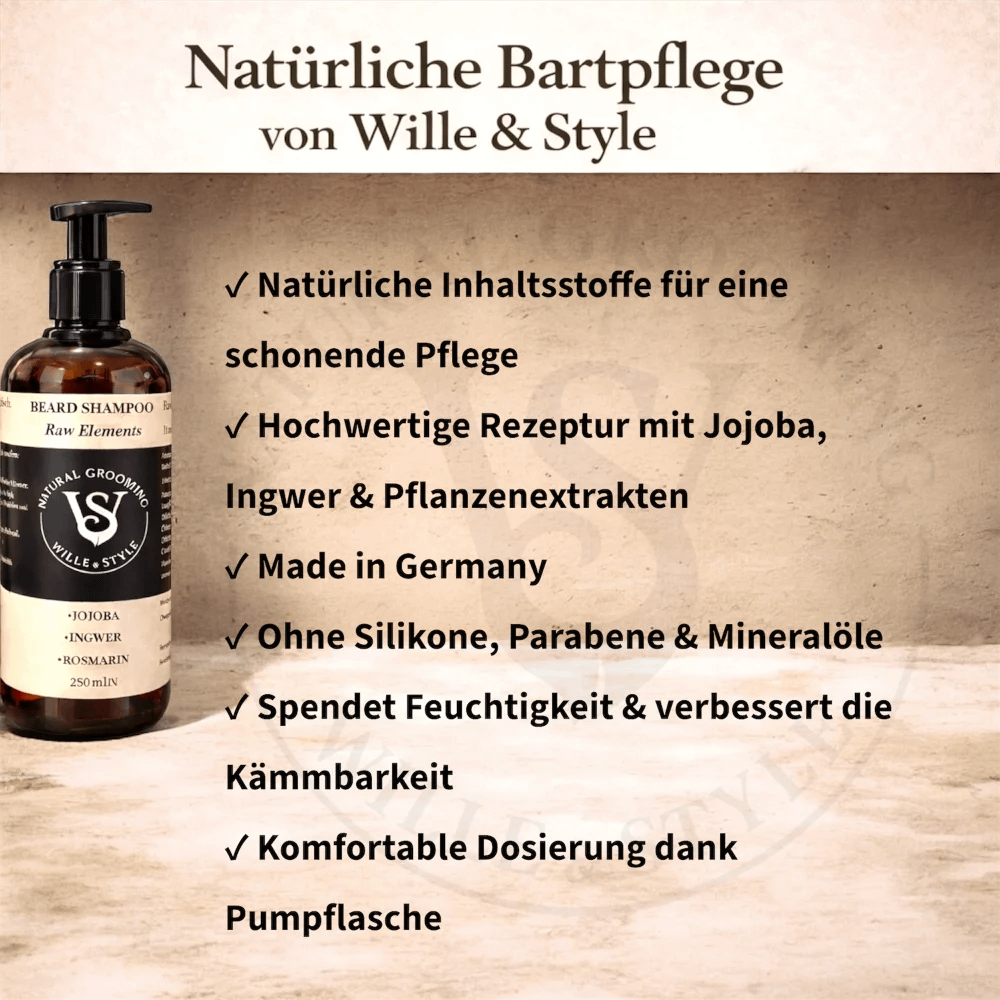 Mildes Bartshampoo für empfindliche Haut - natürlich mit Jojoba, Ingwer & Rosmarin - 250ml Wille & Style 4 Warum von Wille & Style Bulletpoints dargestellt