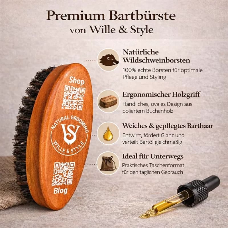 Bartbürste Infografik, natürliche Wildschweinborsten und ergonomischer Holzgriff. Ideal für Unterwegs